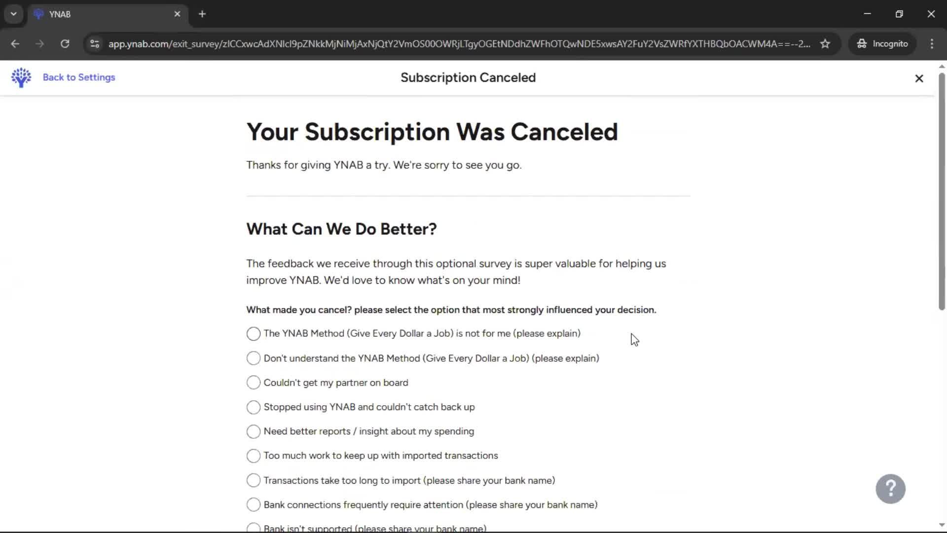 Cancelling your subscription screenshot