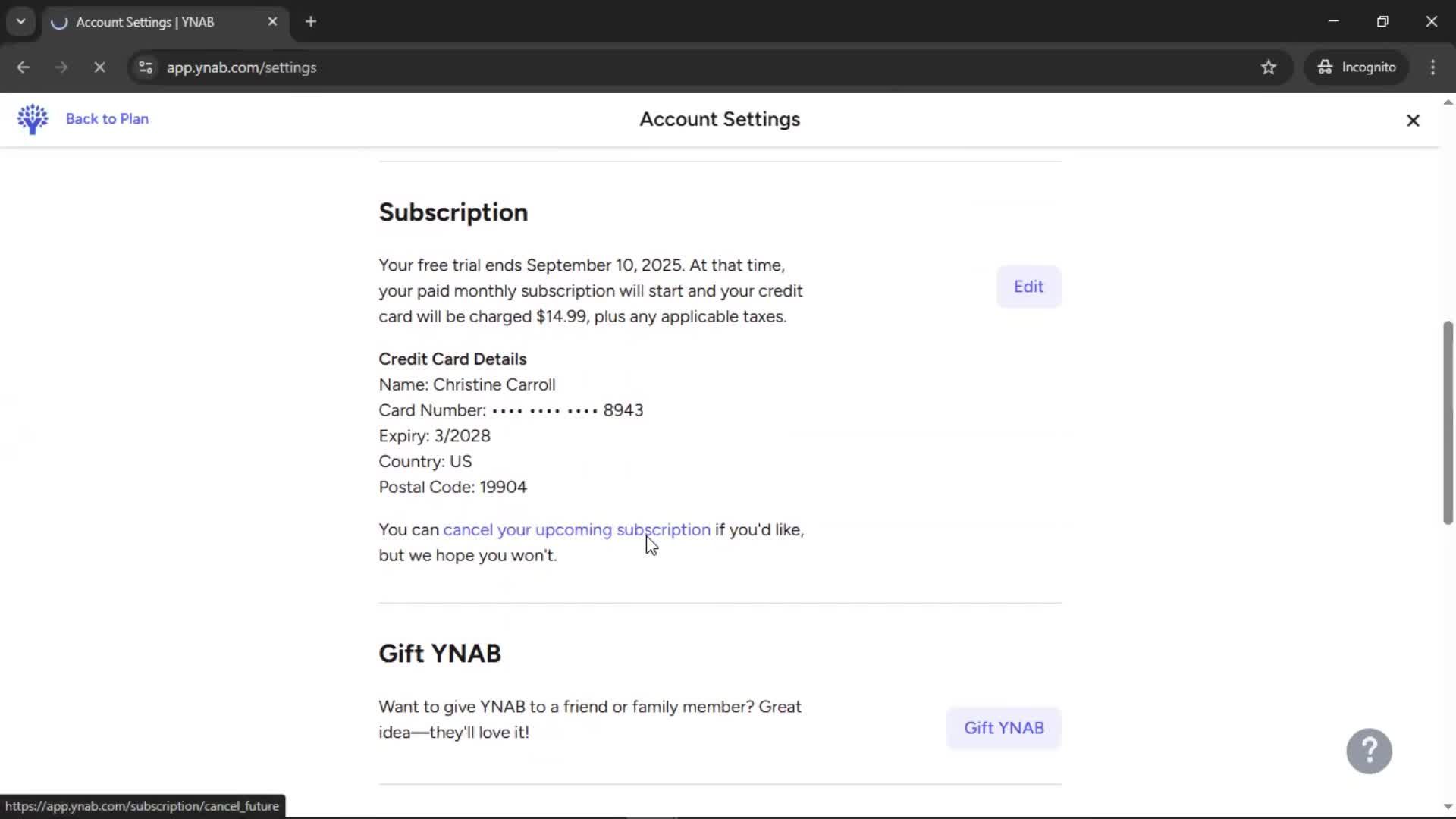 Cancelling your subscription screenshot