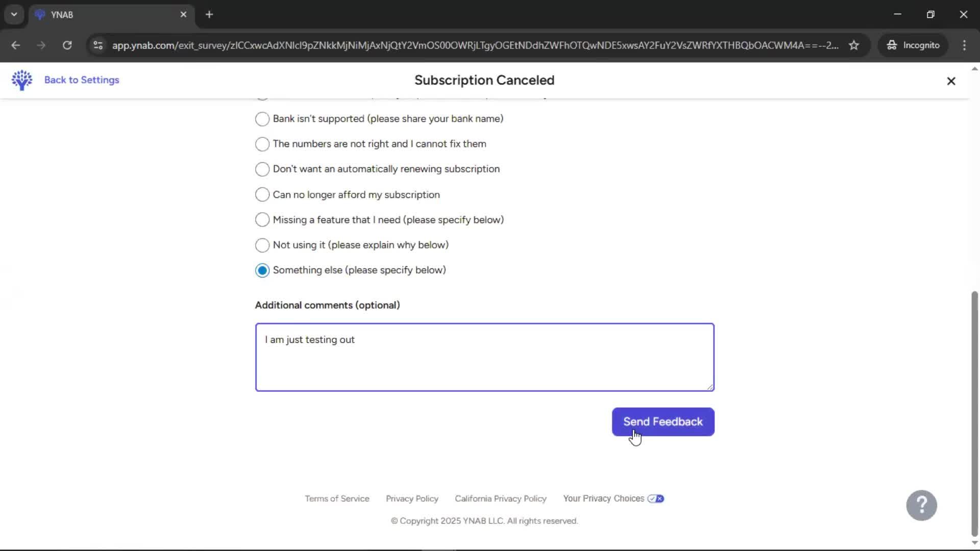 Cancelling your subscription screenshot