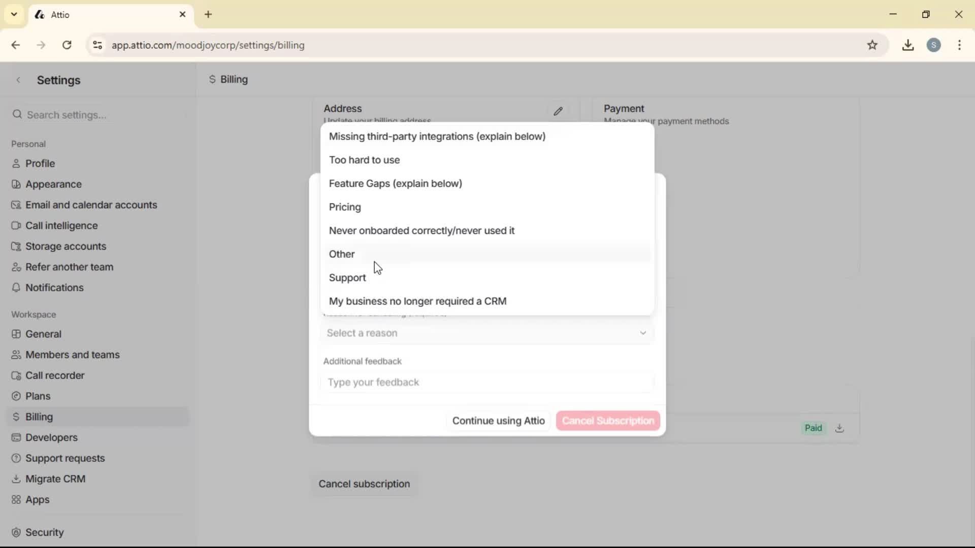 Cancelling your subscription screenshot
