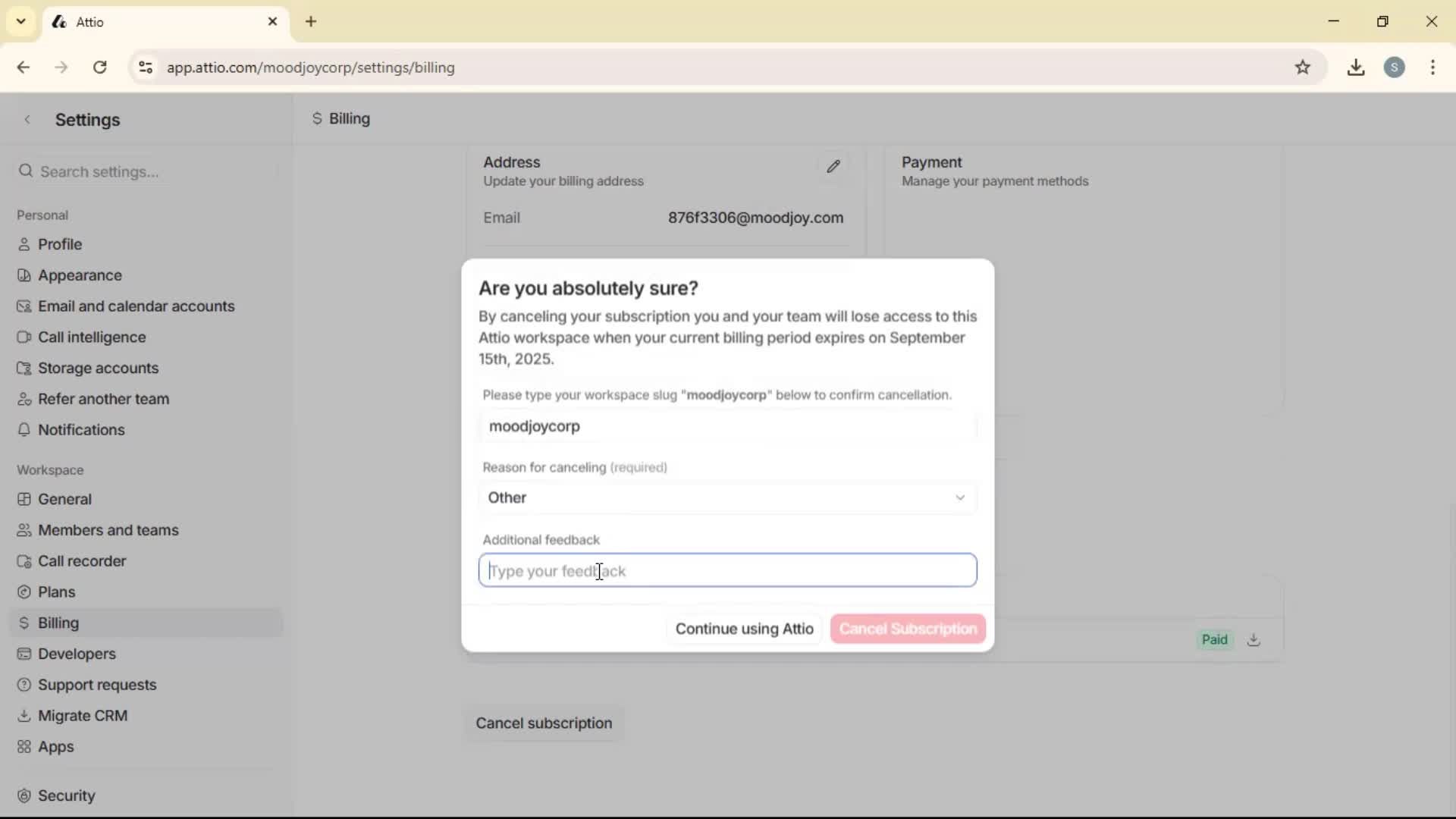 Cancelling your subscription screenshot