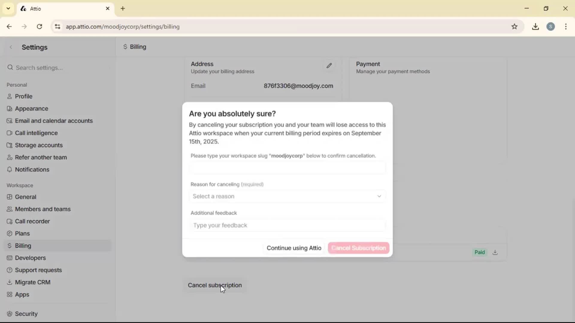 Cancelling your subscription screenshot