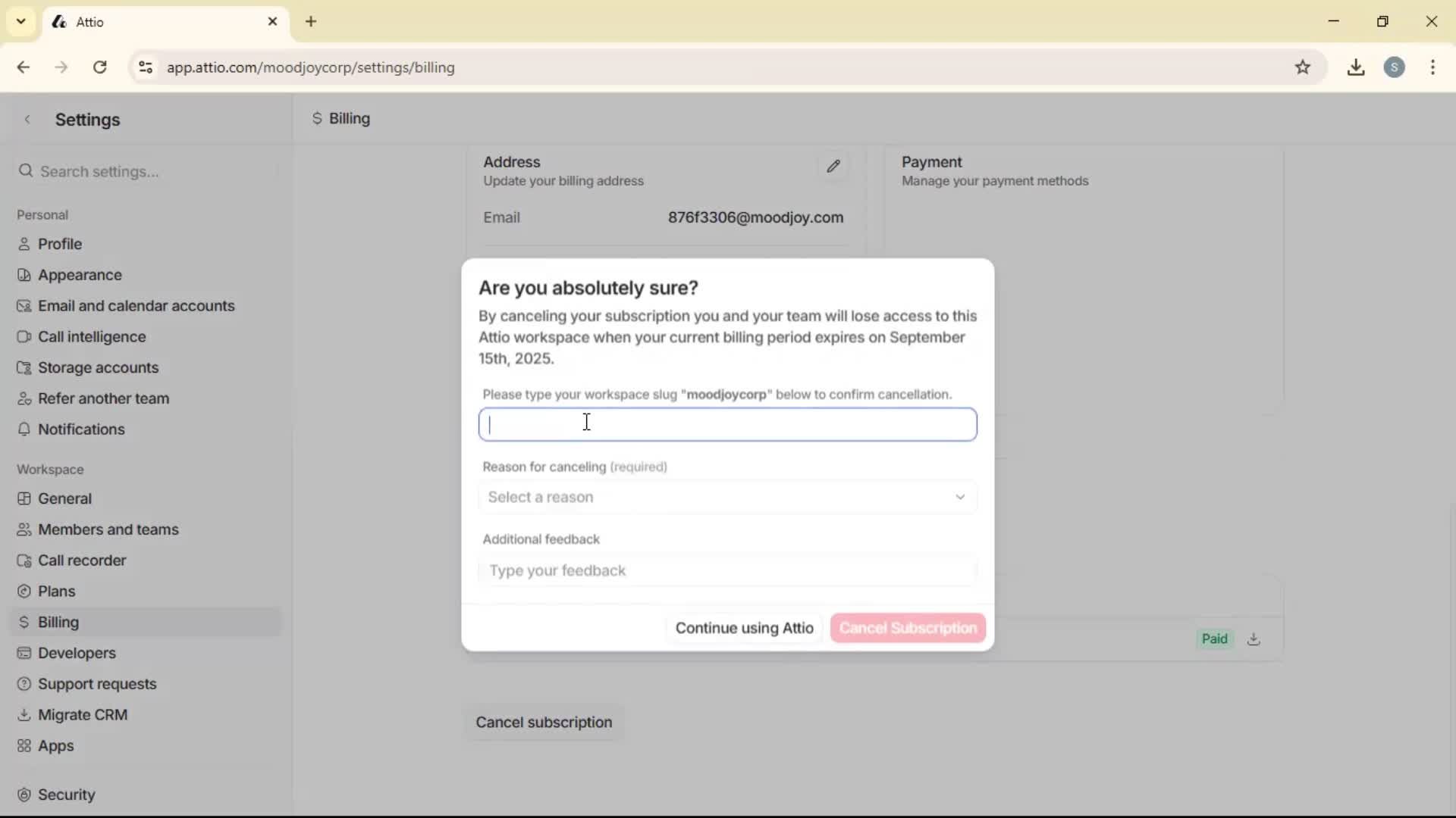 Cancelling your subscription screenshot