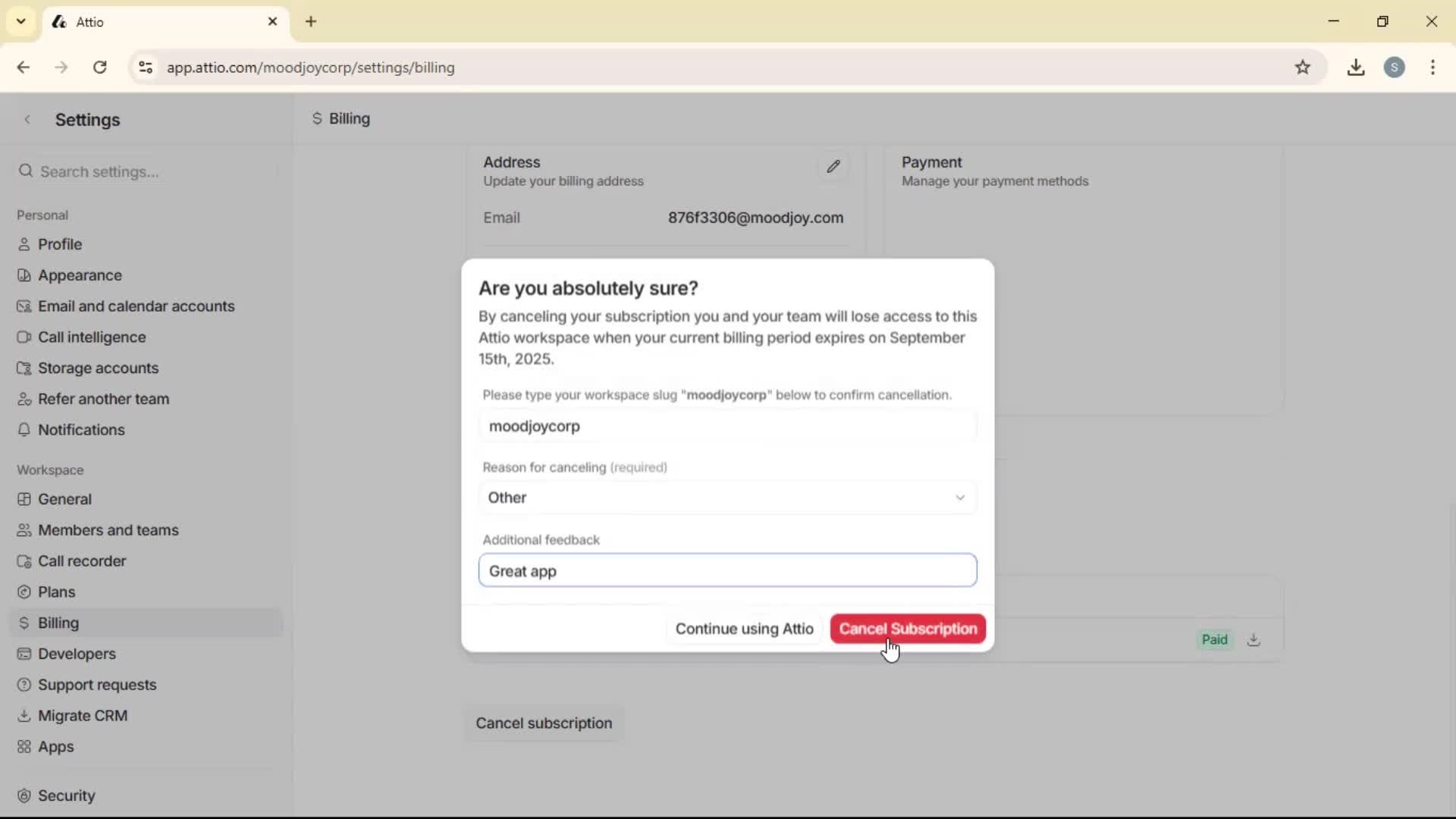 Cancelling your subscription screenshot