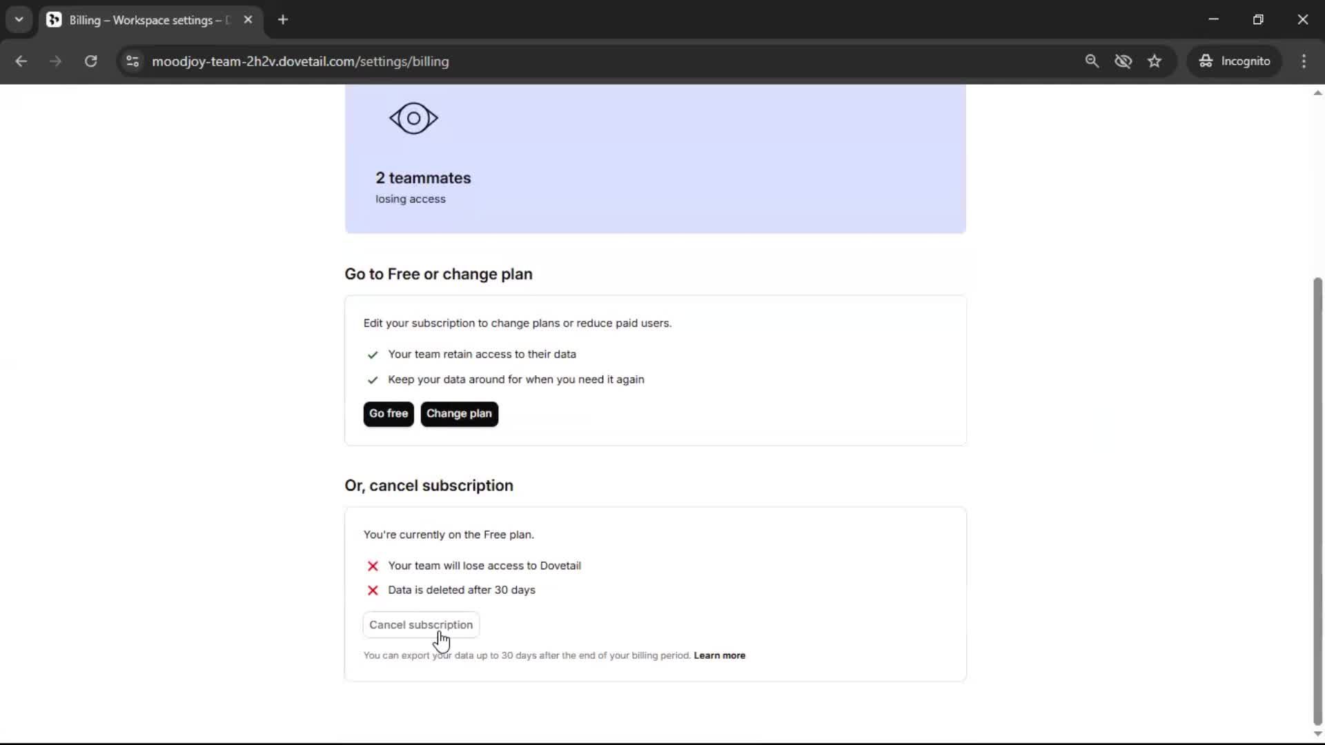 Cancelling your subscription screenshot