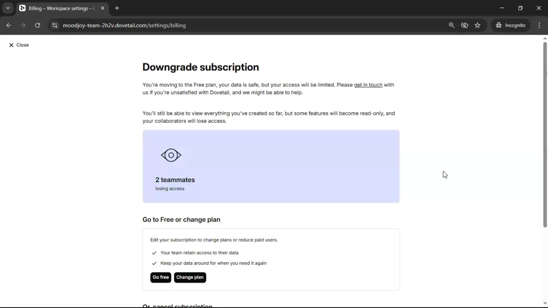 Cancelling your subscription screenshot