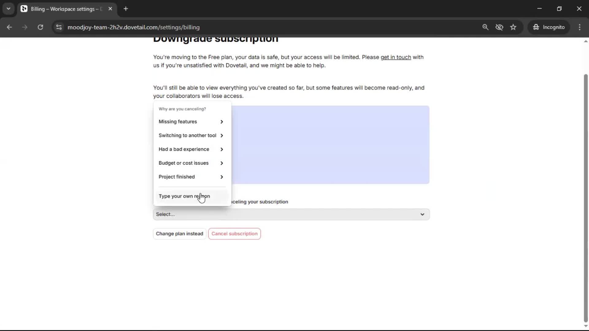 Cancelling your subscription screenshot