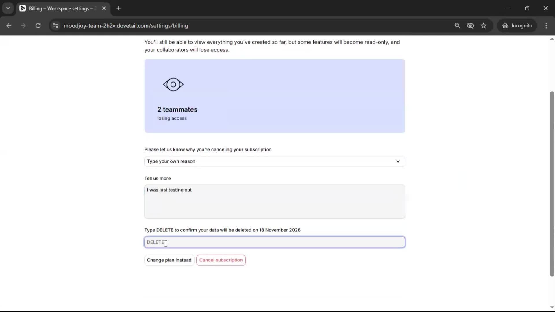 Cancelling your subscription screenshot