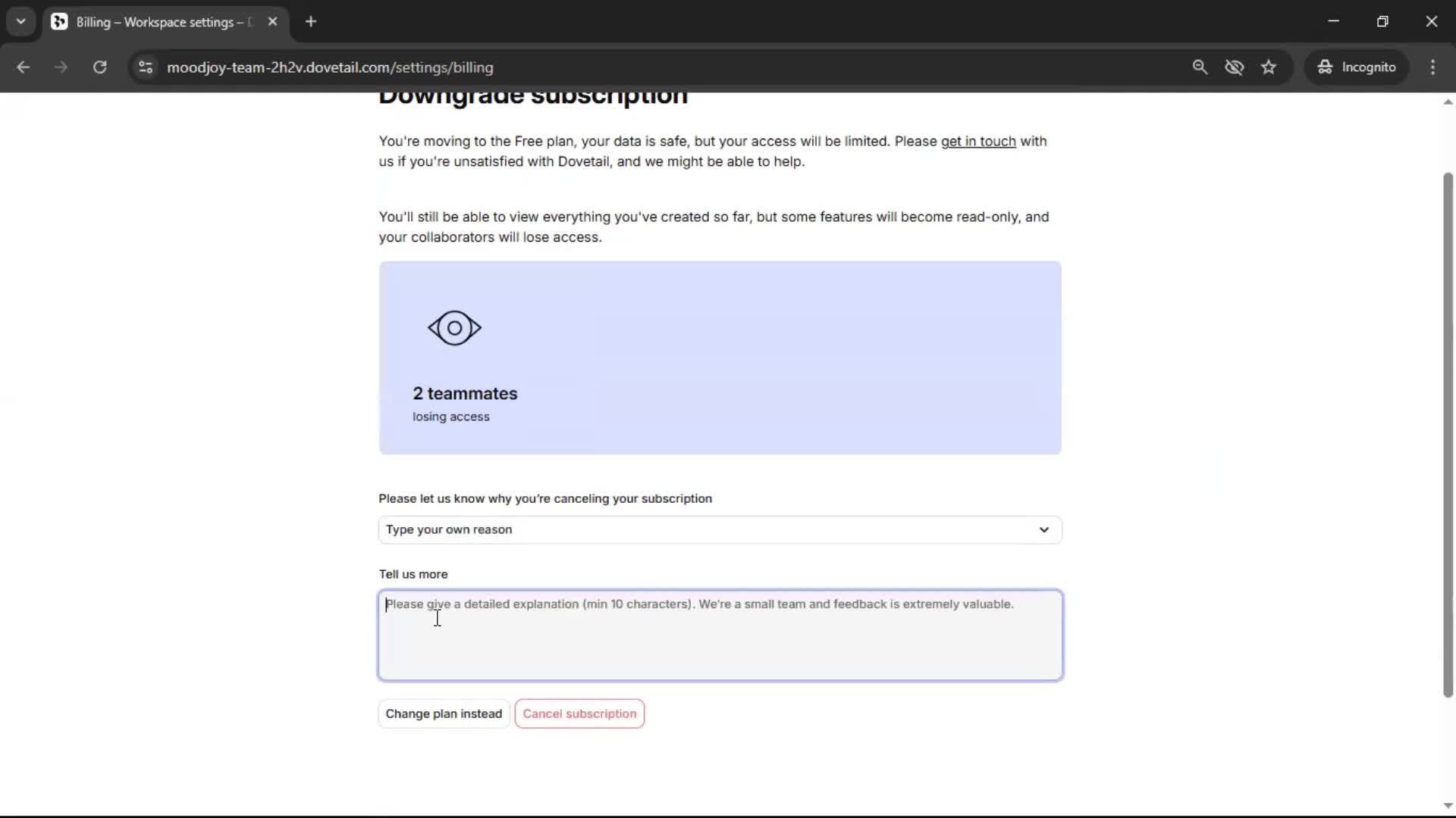 Cancelling your subscription screenshot