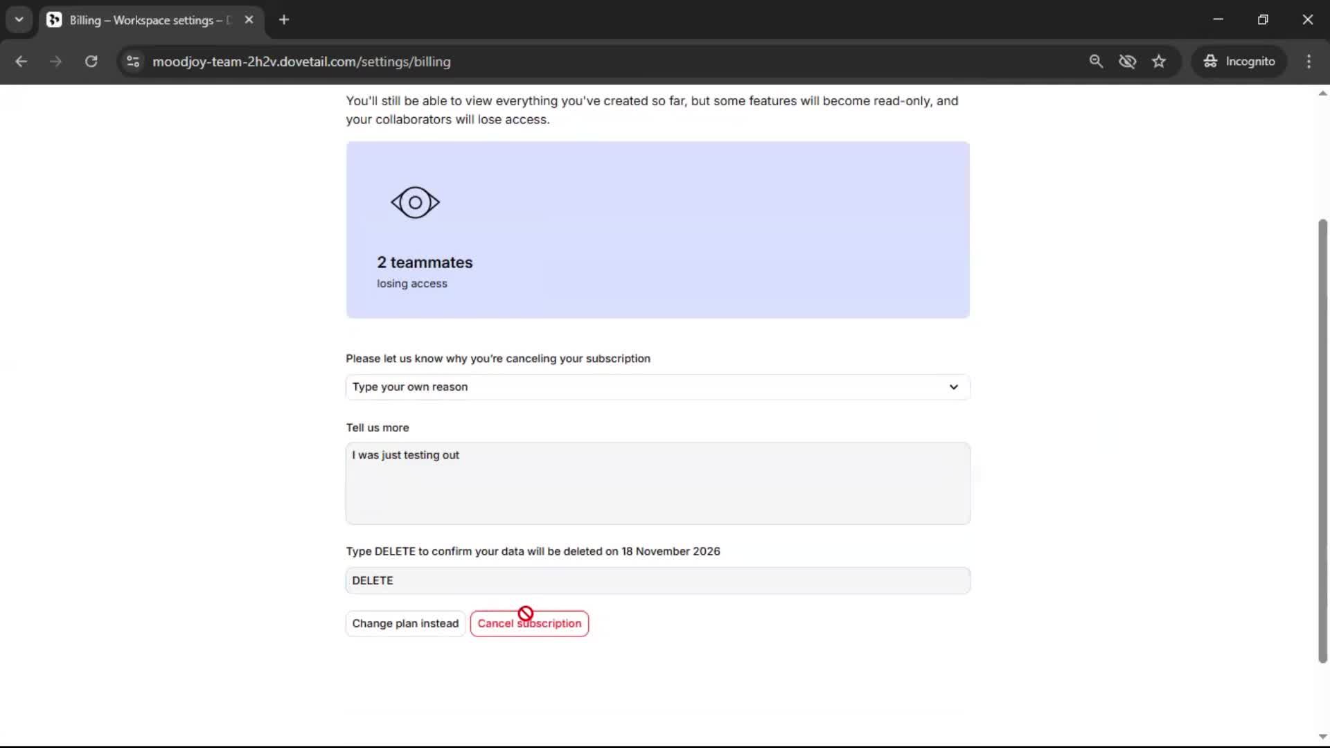 Cancelling your subscription screenshot
