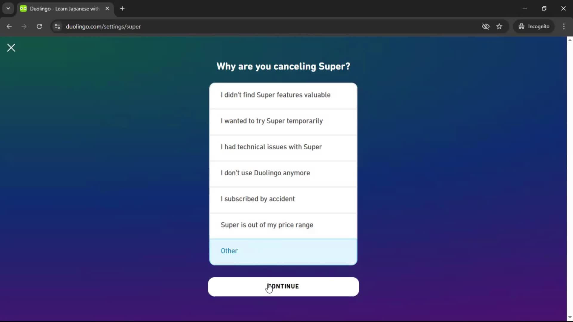 Cancelling your subscription screenshot