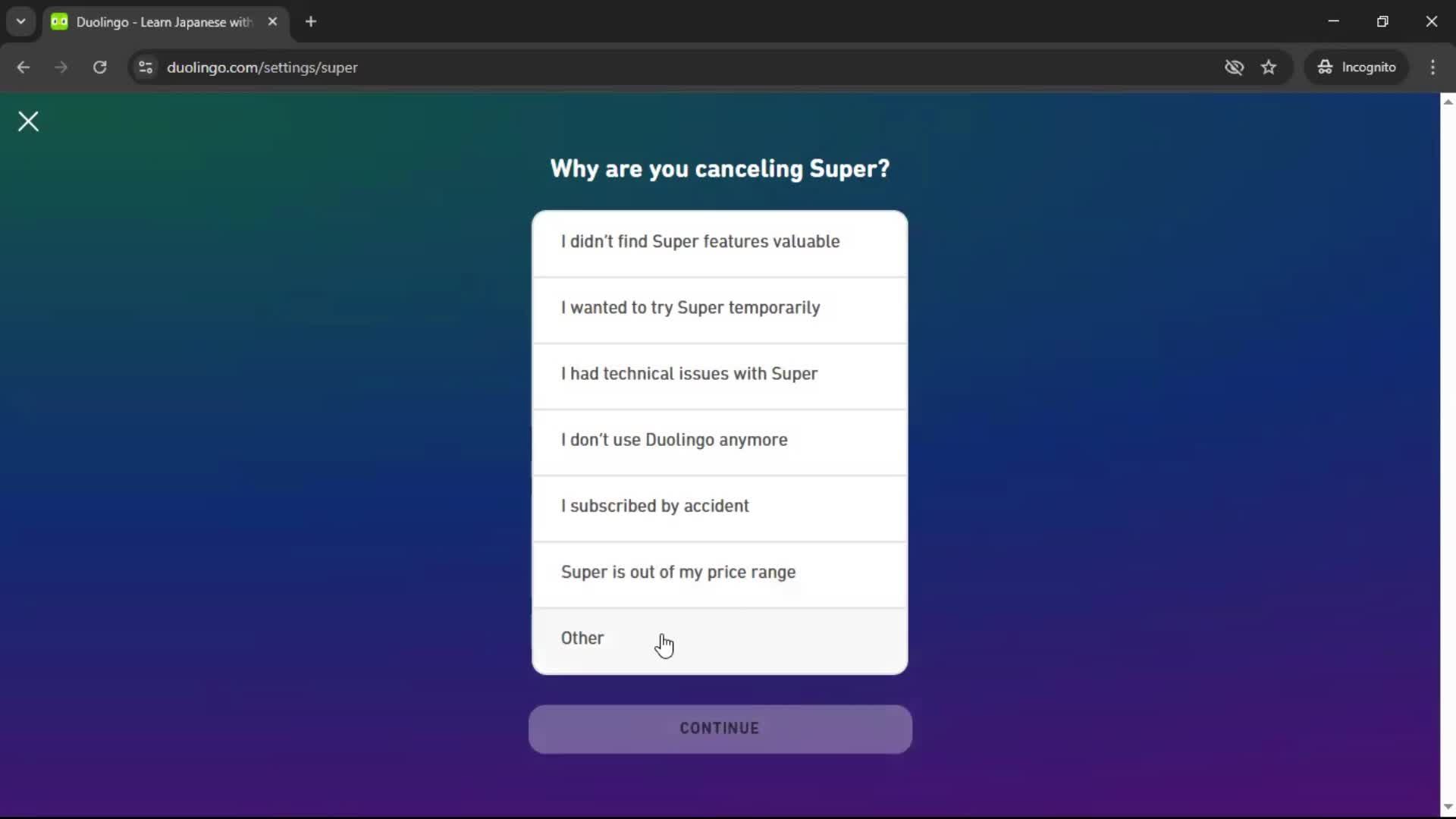 Cancelling your subscription screenshot