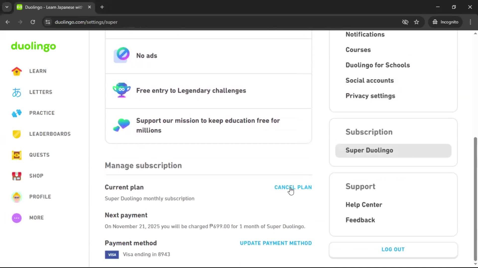 Cancelling your subscription screenshot