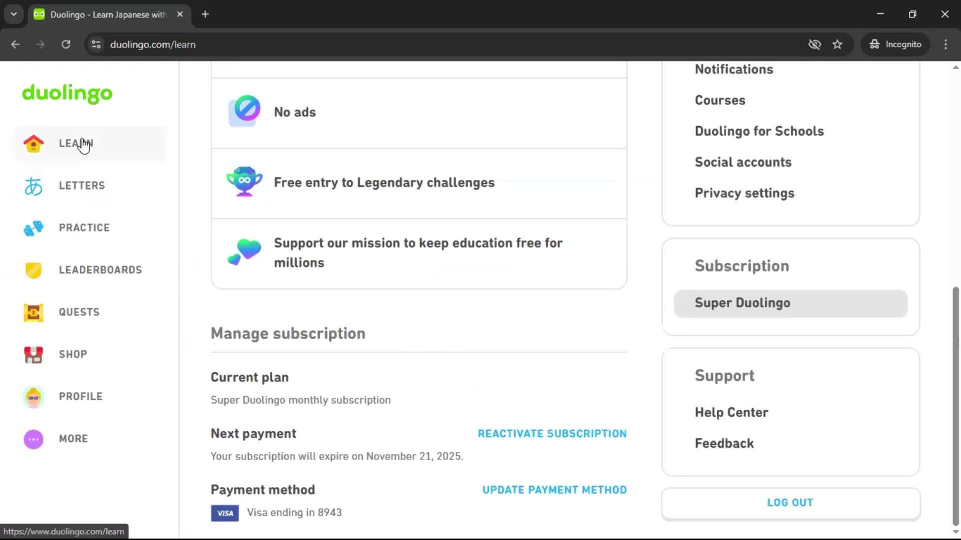 Cancelling your subscription screenshot