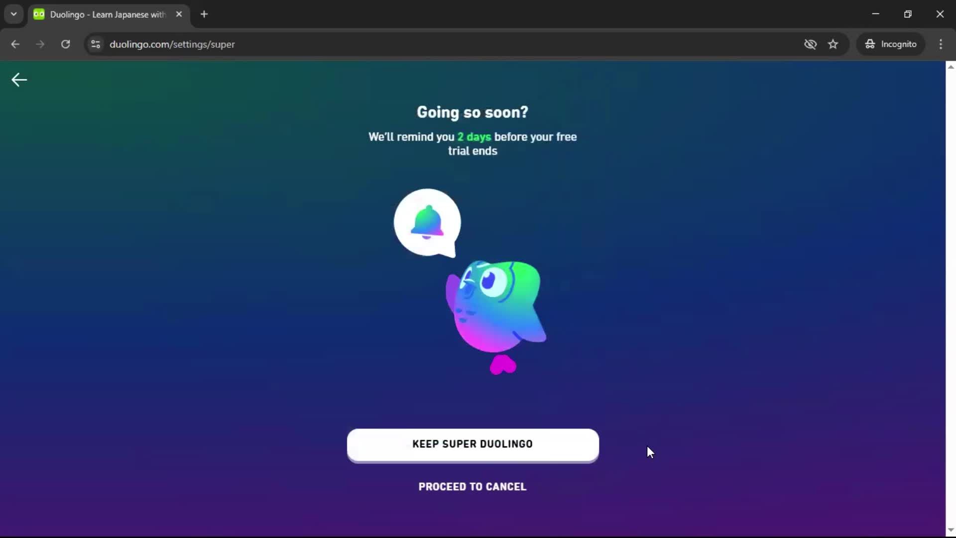 Cancelling your subscription screenshot