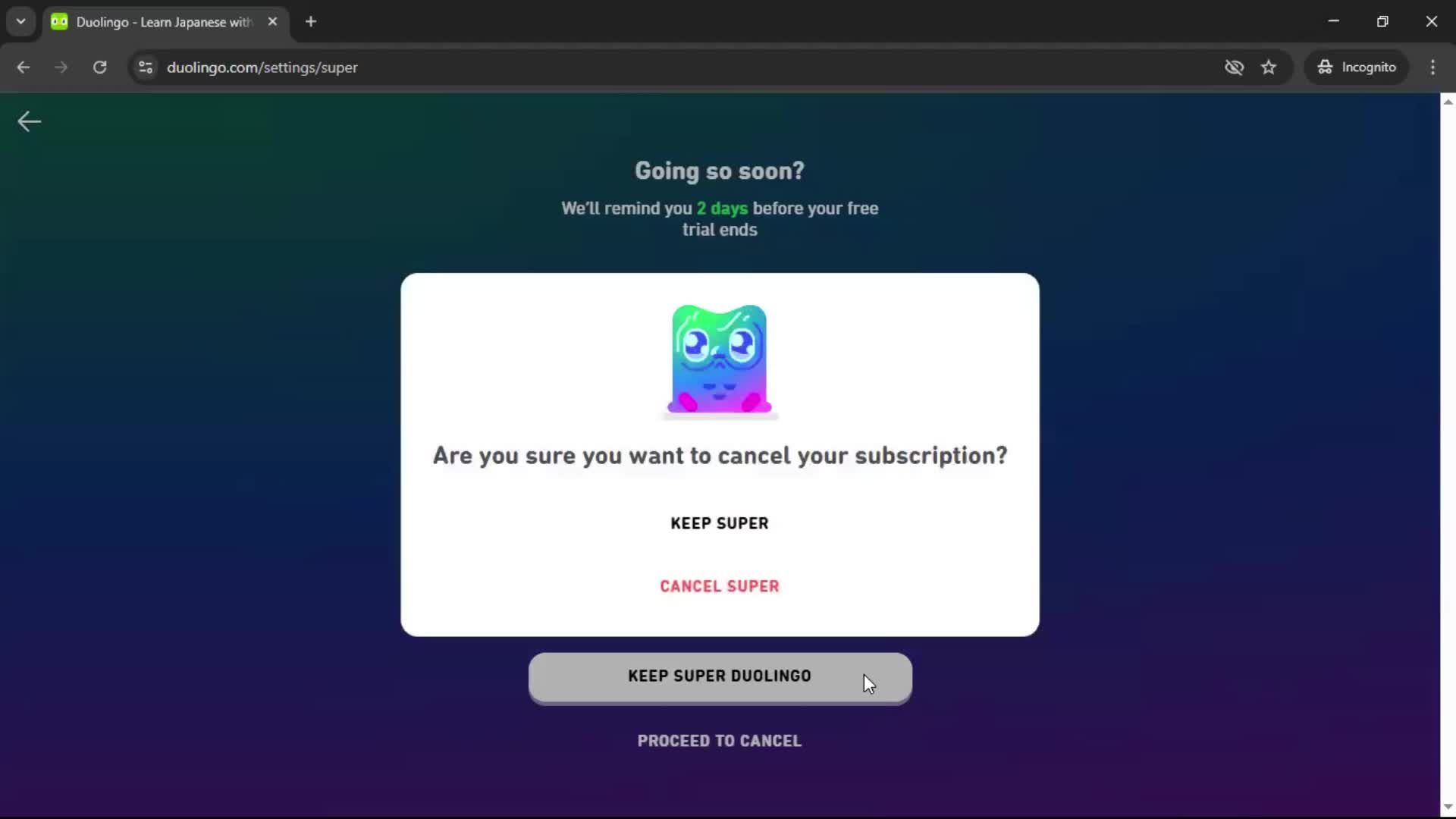Cancelling your subscription screenshot