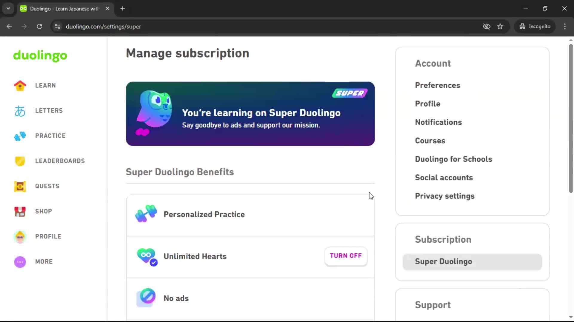 Cancelling your subscription screenshot