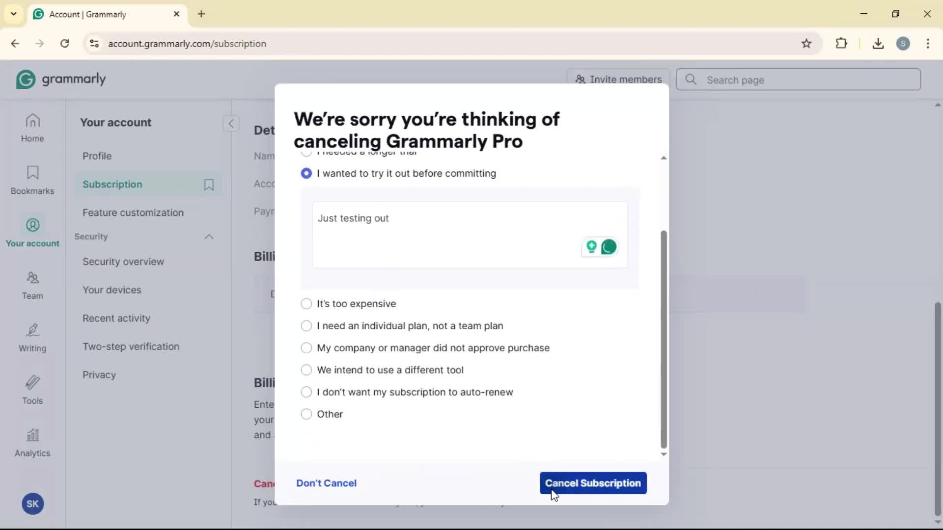 Cancelling your subscription screenshot