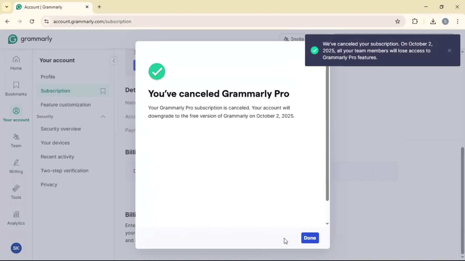 Cancelling your subscription screenshot