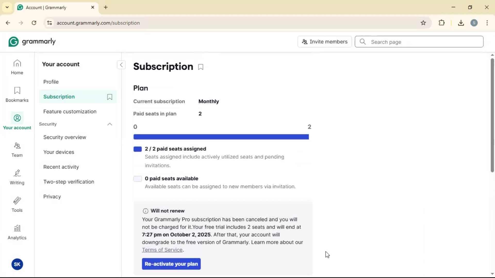 Cancelling your subscription screenshot