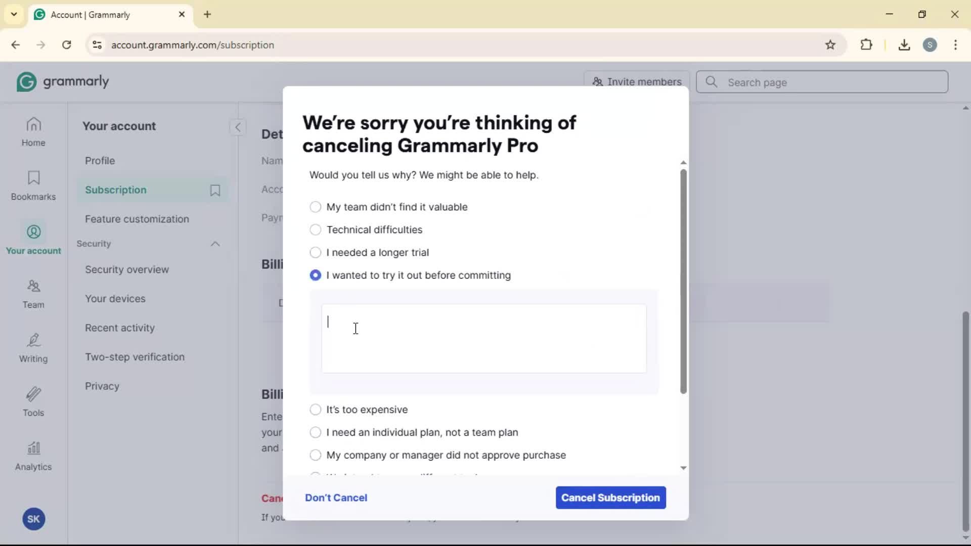 Cancelling your subscription screenshot