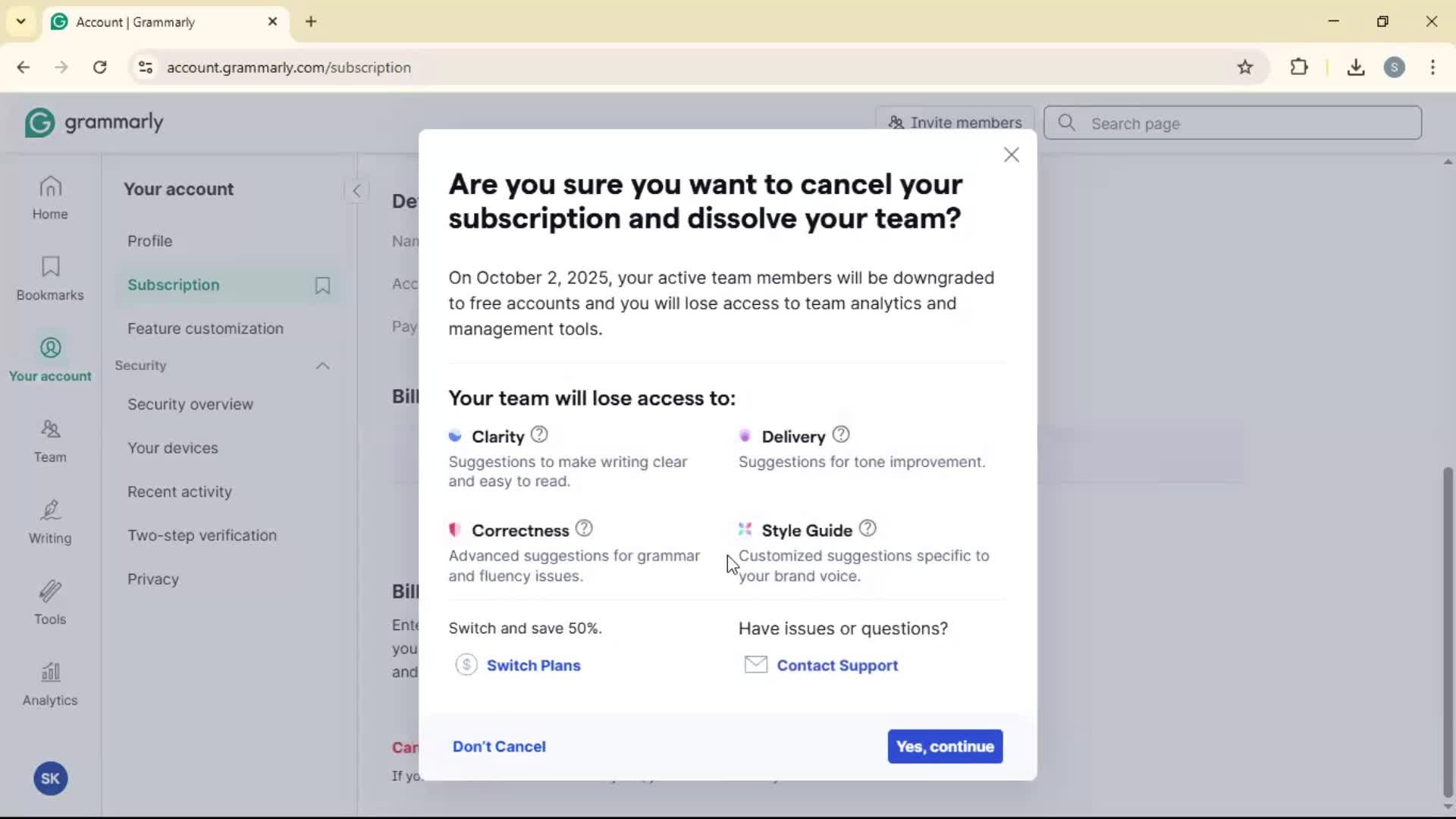 Cancelling your subscription screenshot