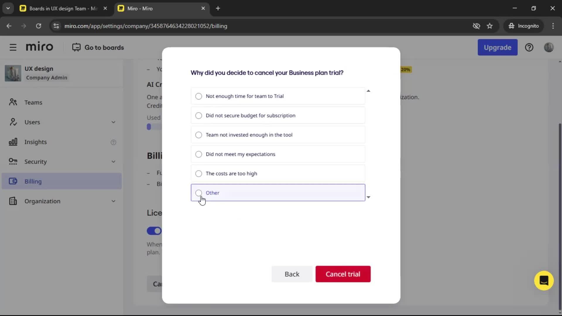 Cancelling your subscription screenshot