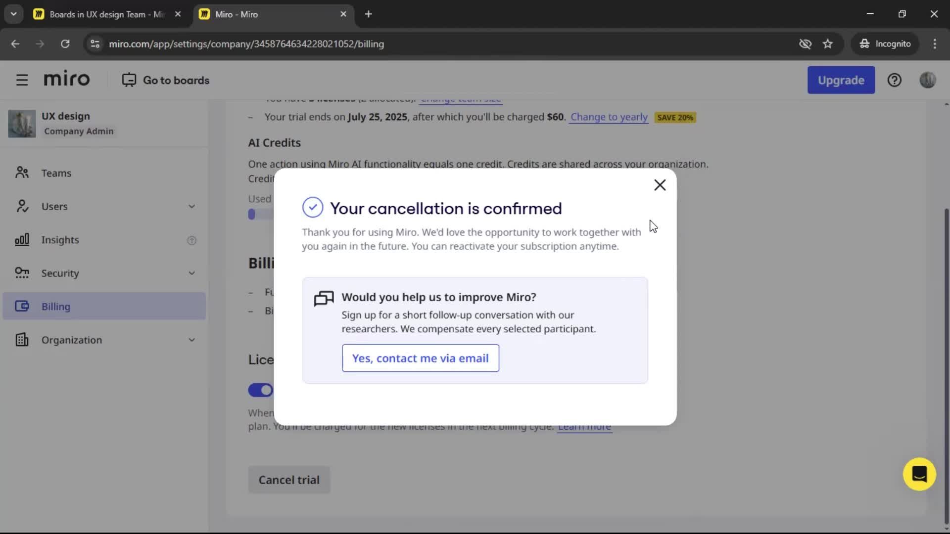 Cancelling your subscription screenshot