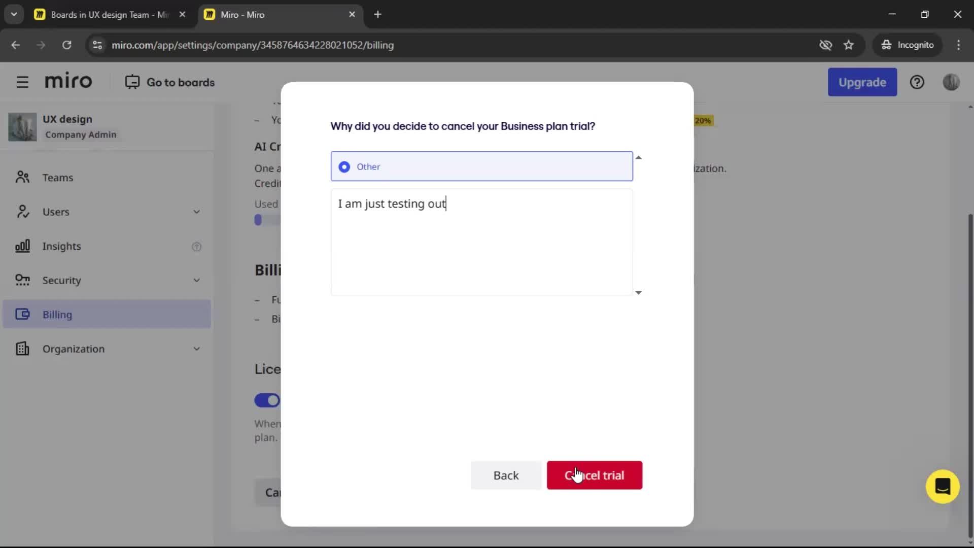 Cancelling your subscription screenshot
