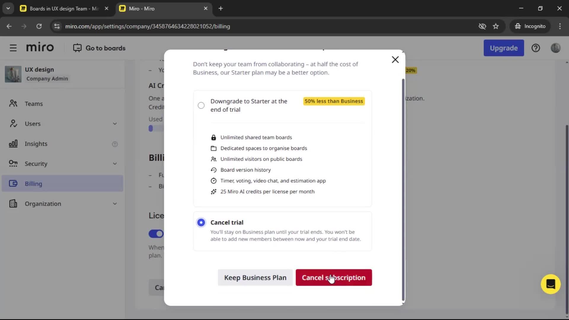 Cancelling your subscription screenshot