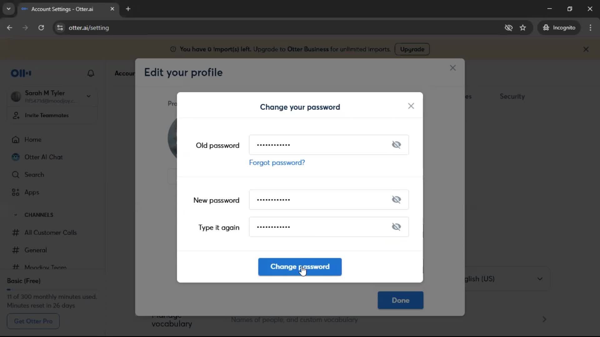 Changing password screenshot