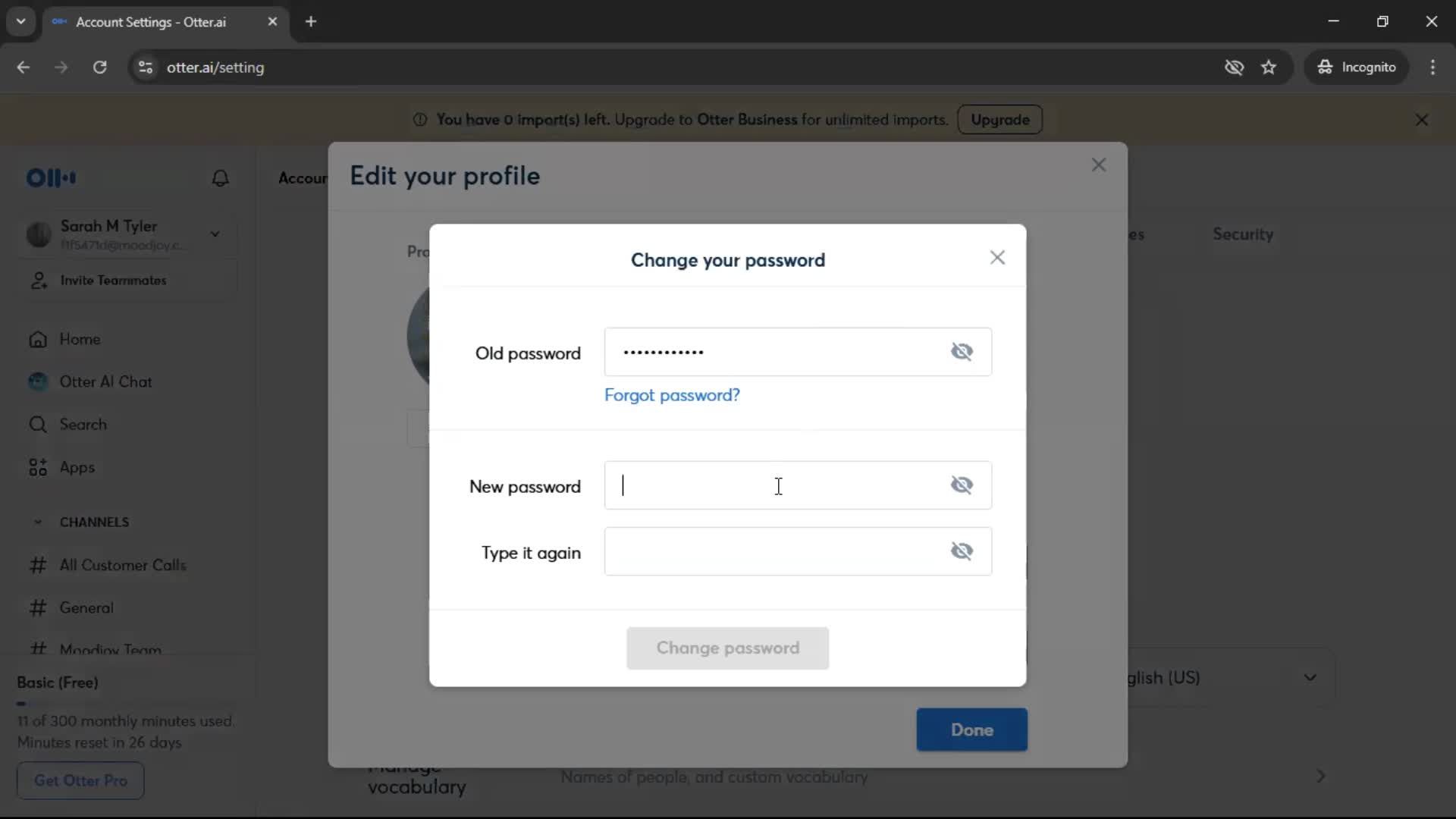 Changing password screenshot