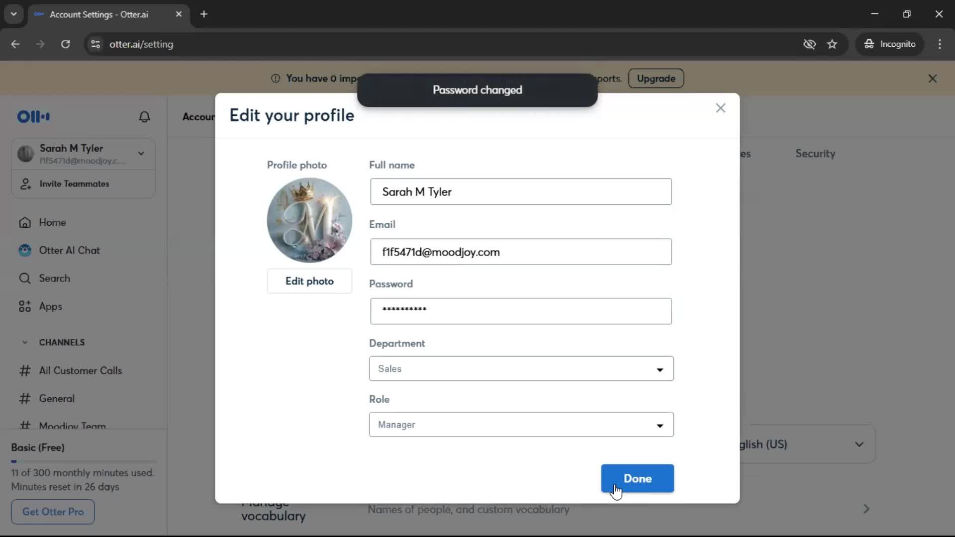Changing password screenshot