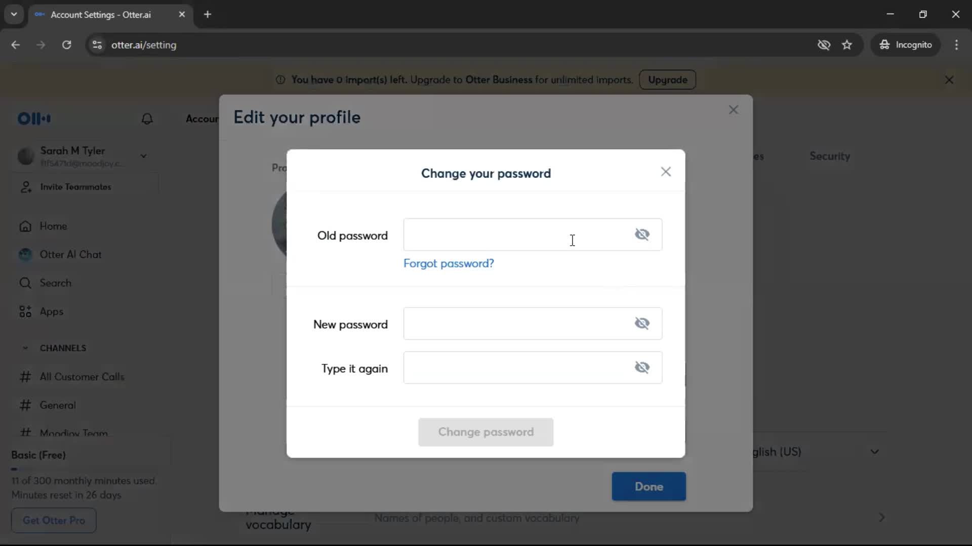 Changing password screenshot