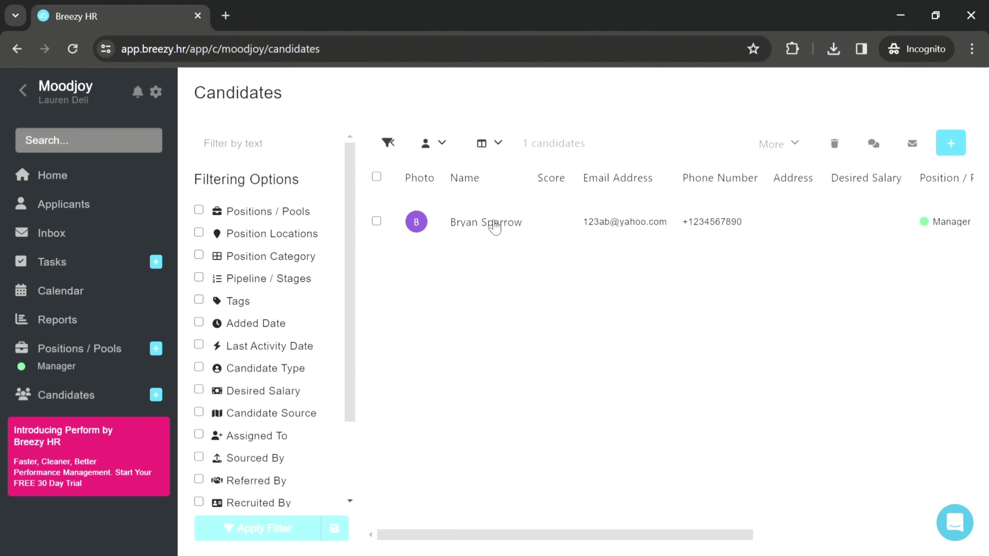 Changing an applicant stage screenshot
