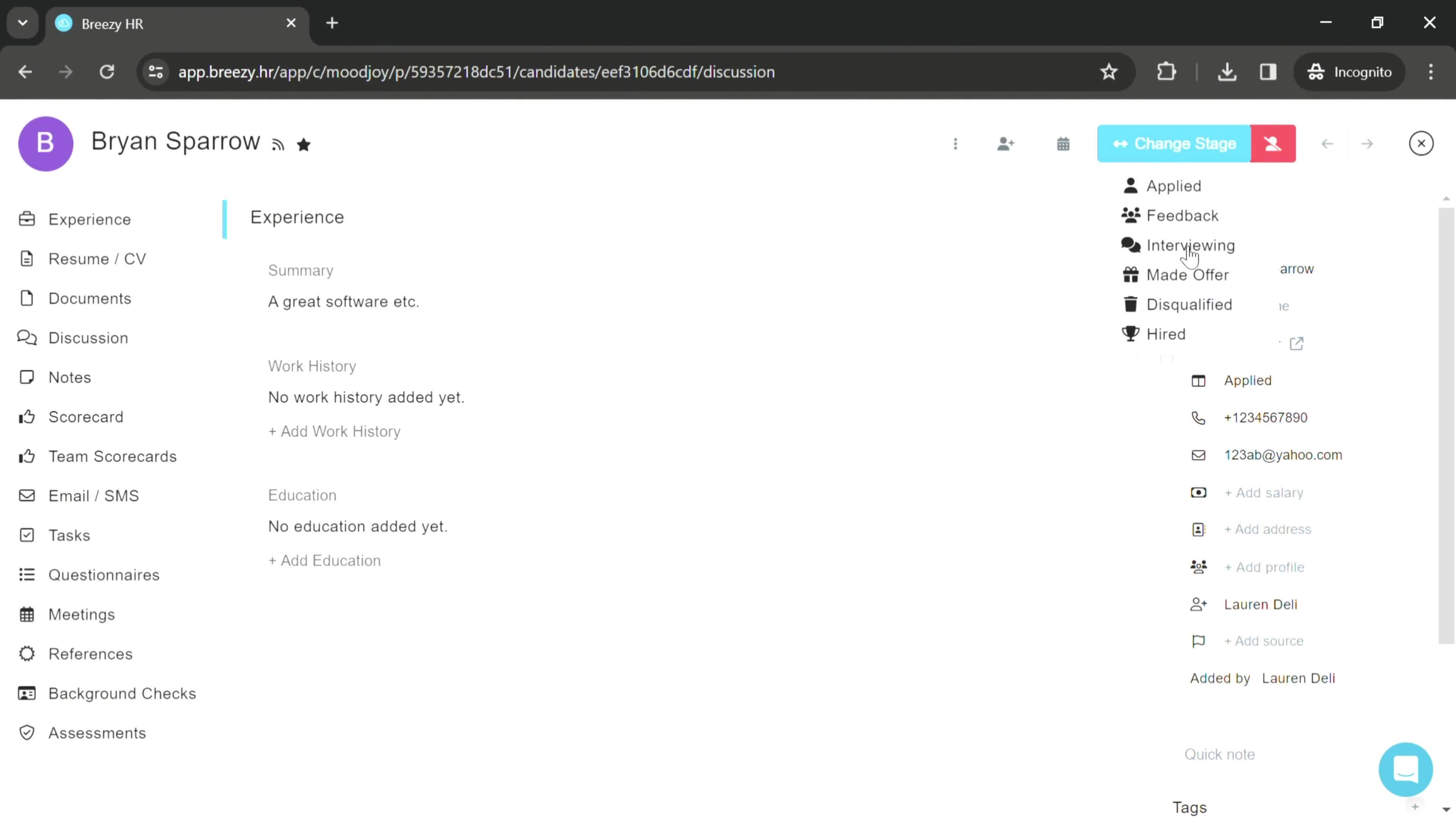 Changing an applicant stage screenshot