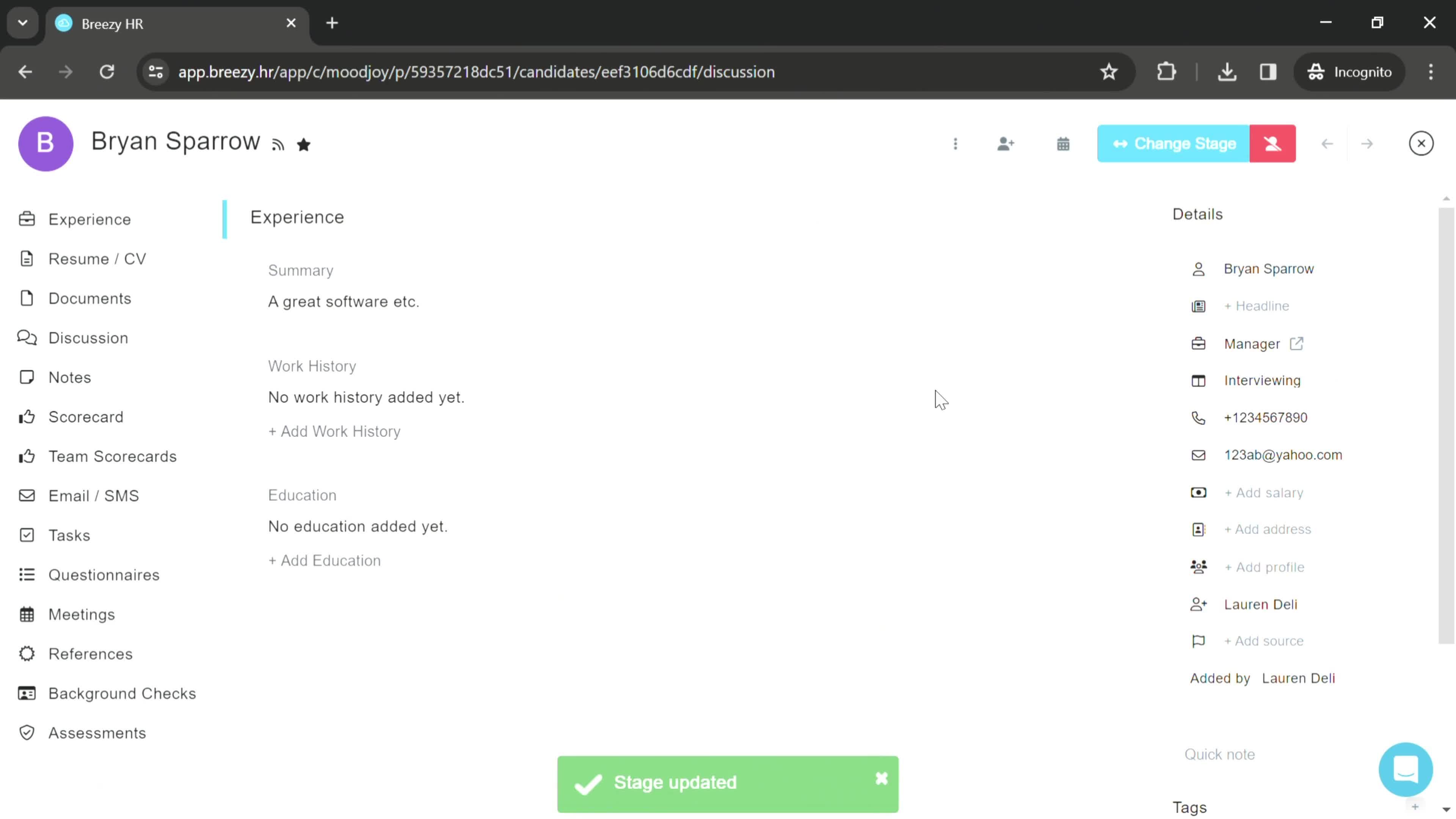 Changing an applicant stage screenshot