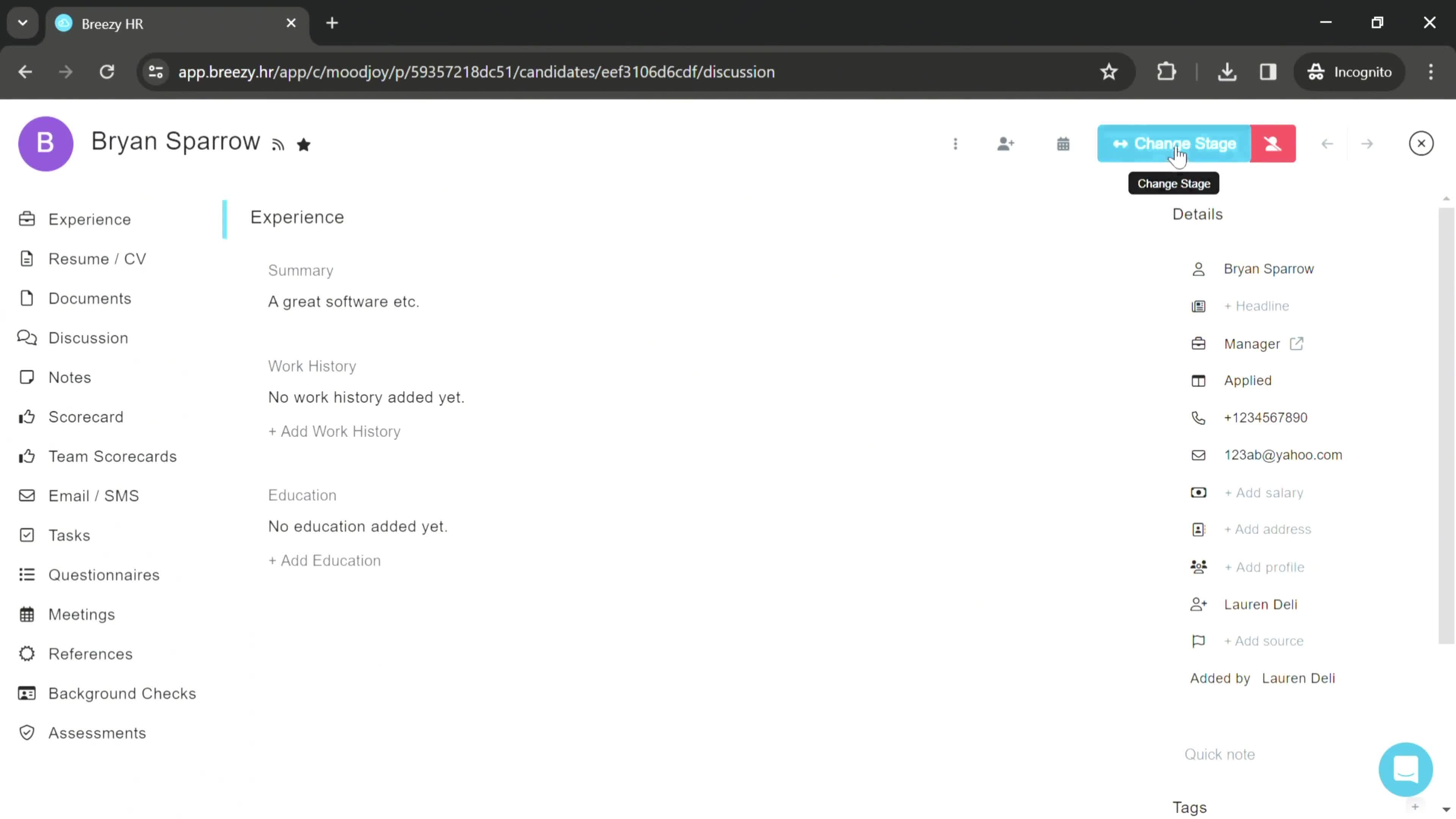 Changing an applicant stage screenshot
