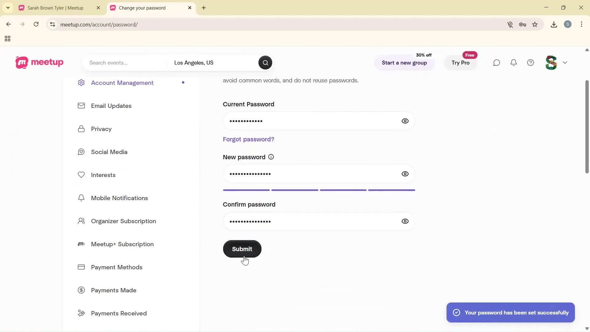 Changing password screenshot