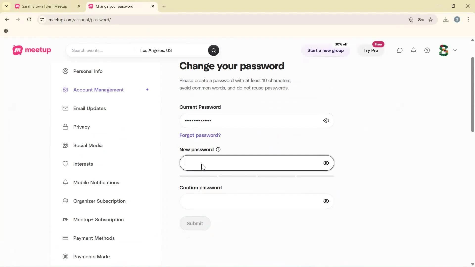 Changing password screenshot