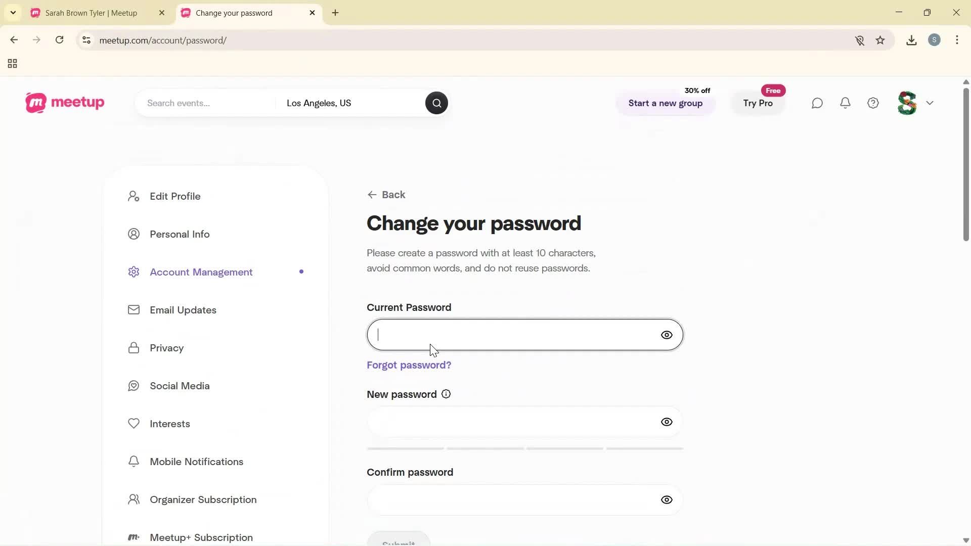 Changing password screenshot