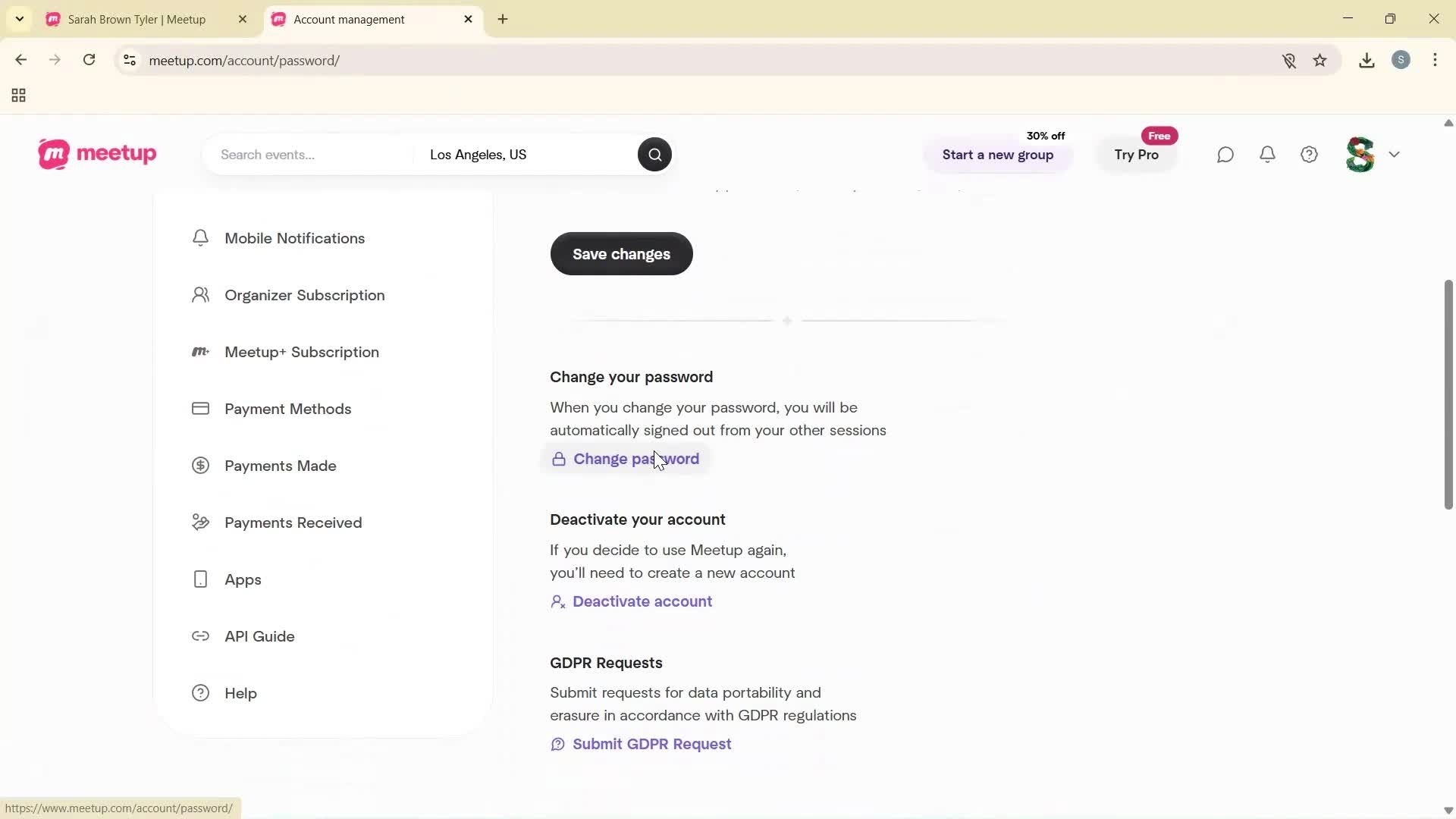 Changing password screenshot