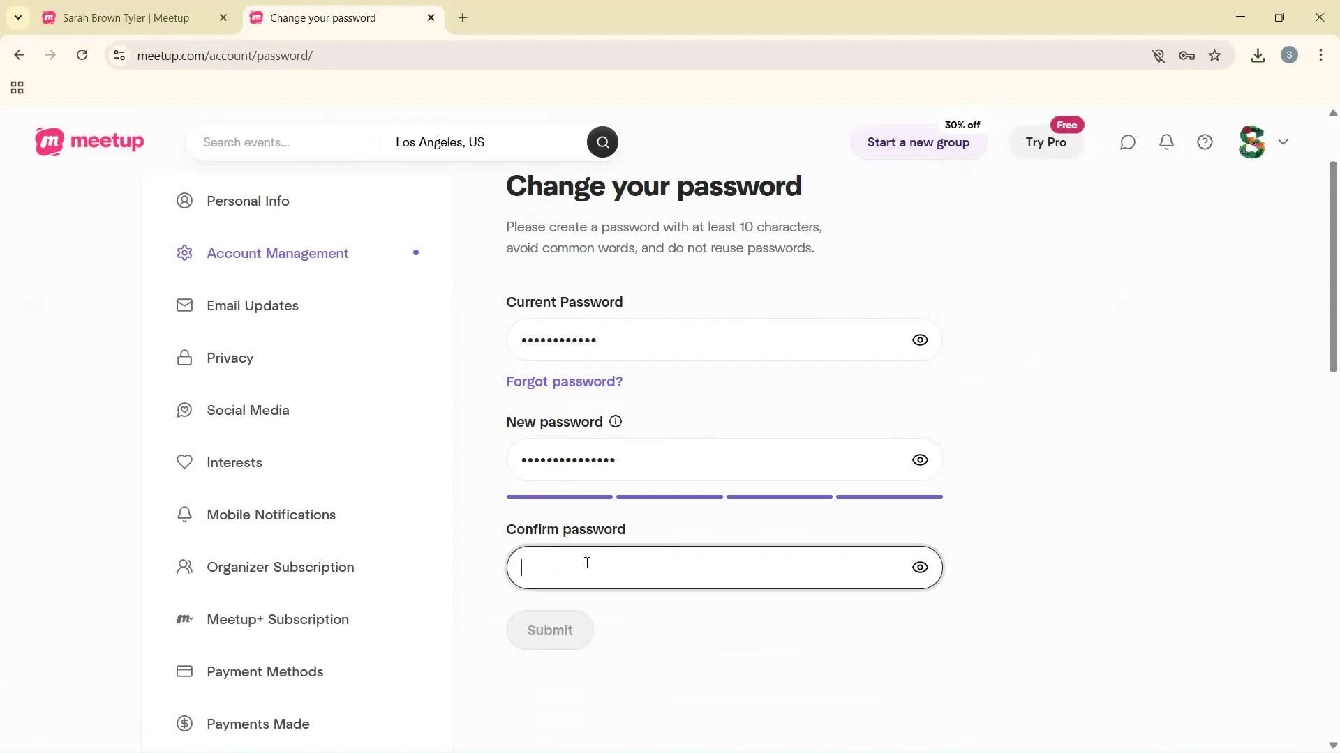 Changing password screenshot