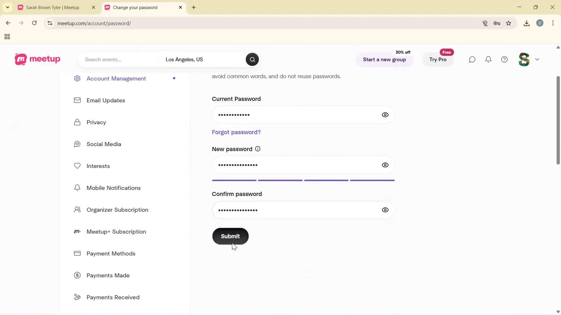 Changing password screenshot
