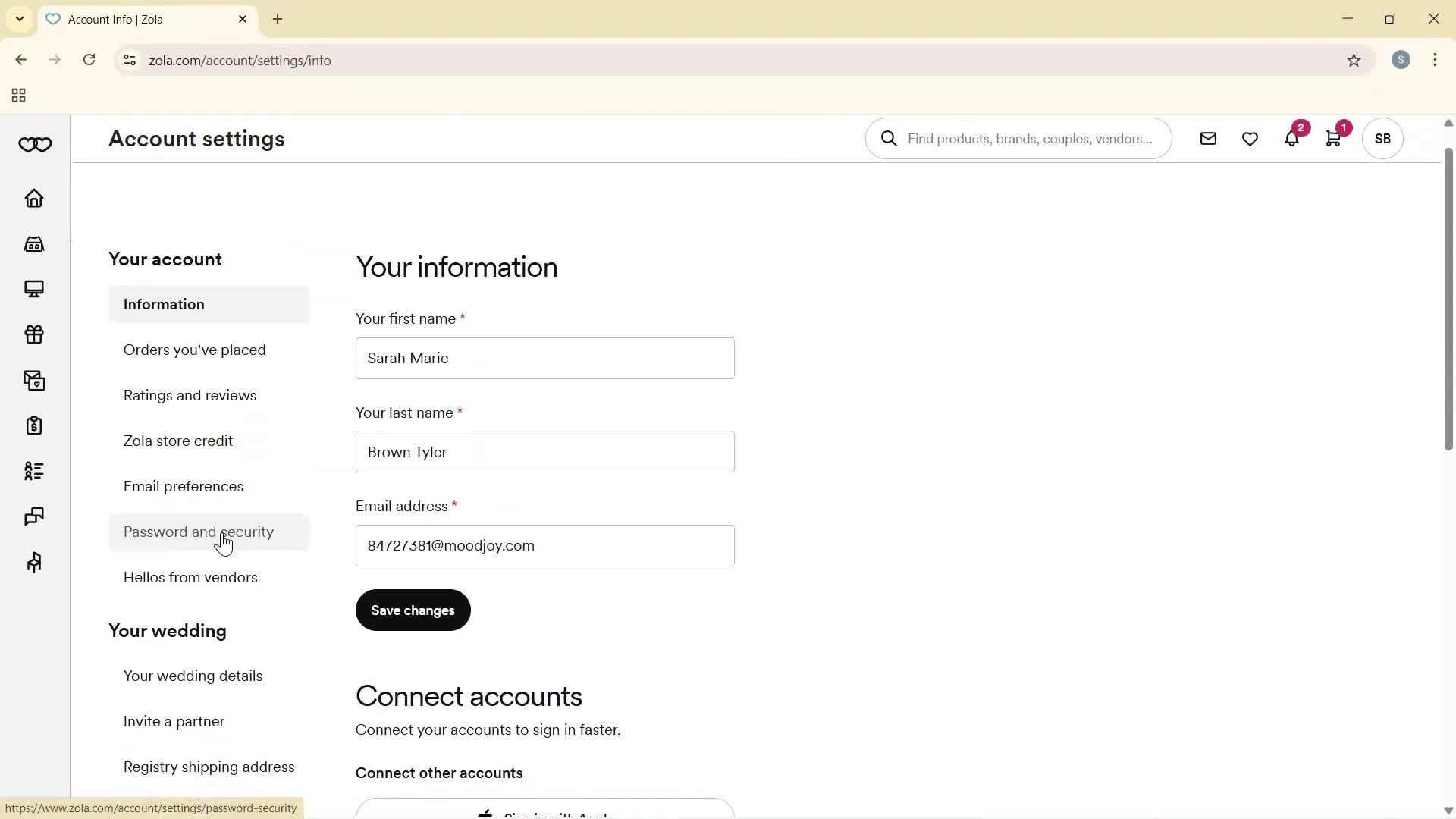 Changing password screenshot