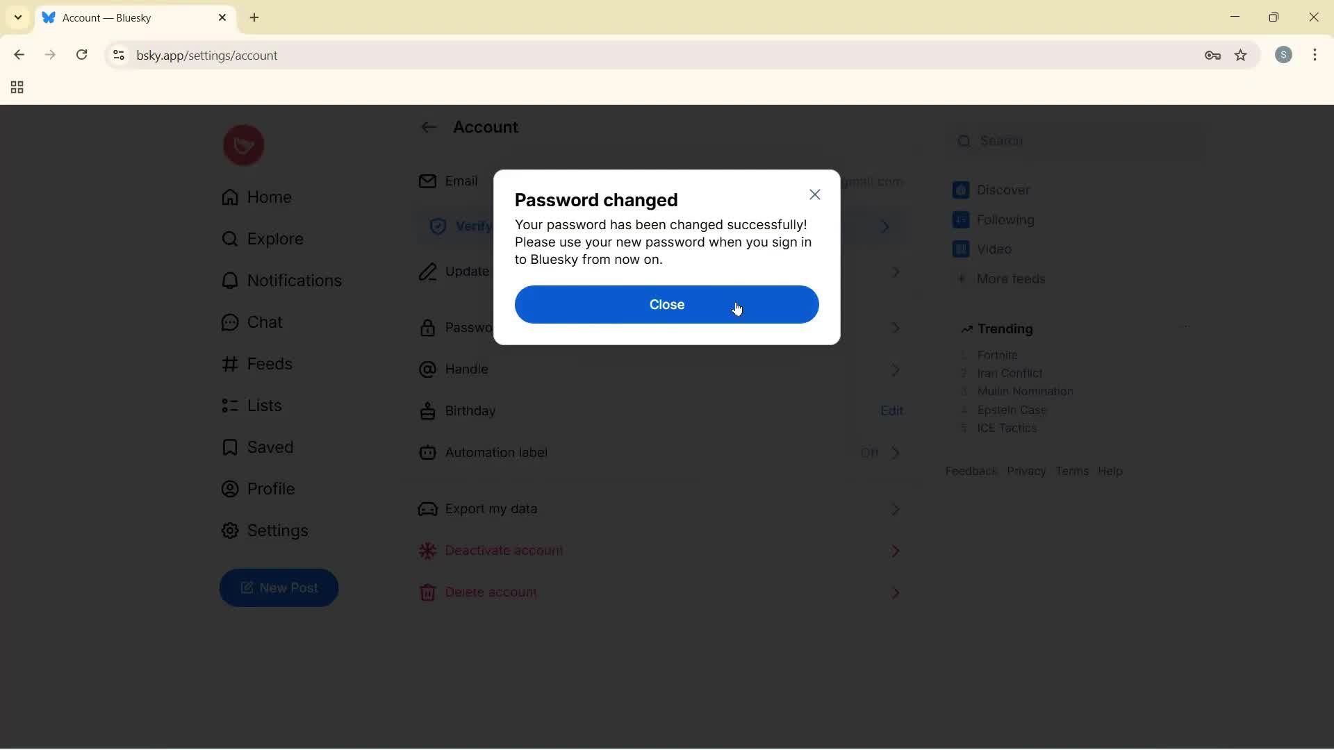 Changing password screenshot