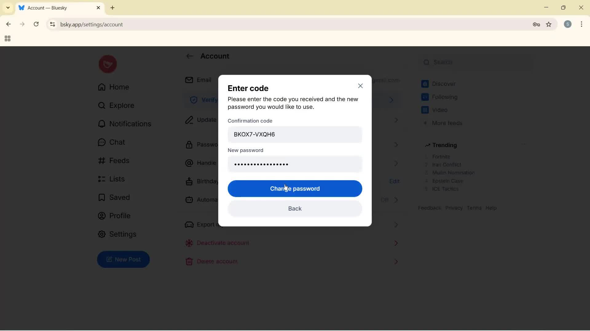 Changing password screenshot