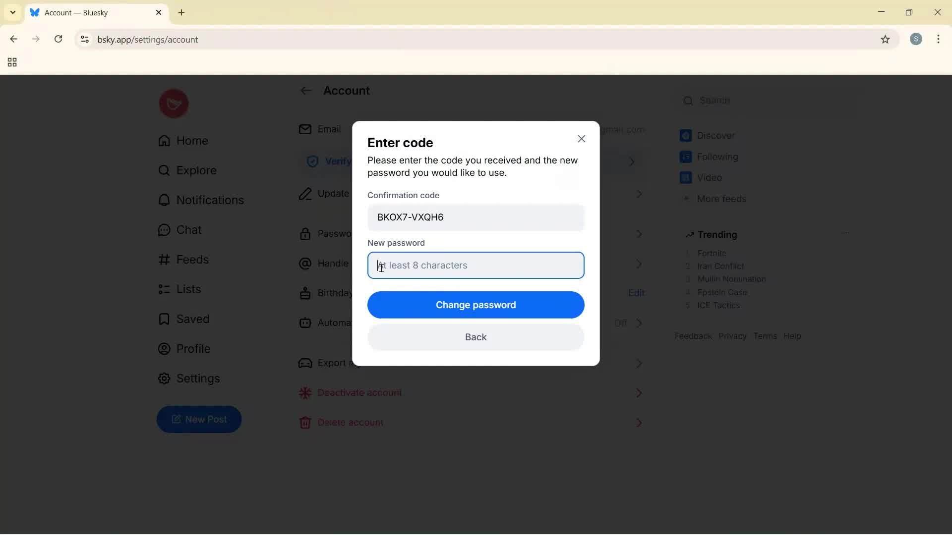 Changing password screenshot