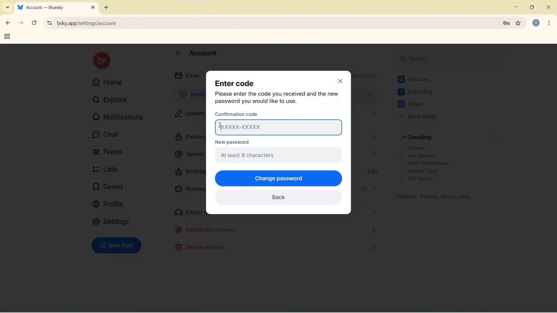 Changing password screenshot