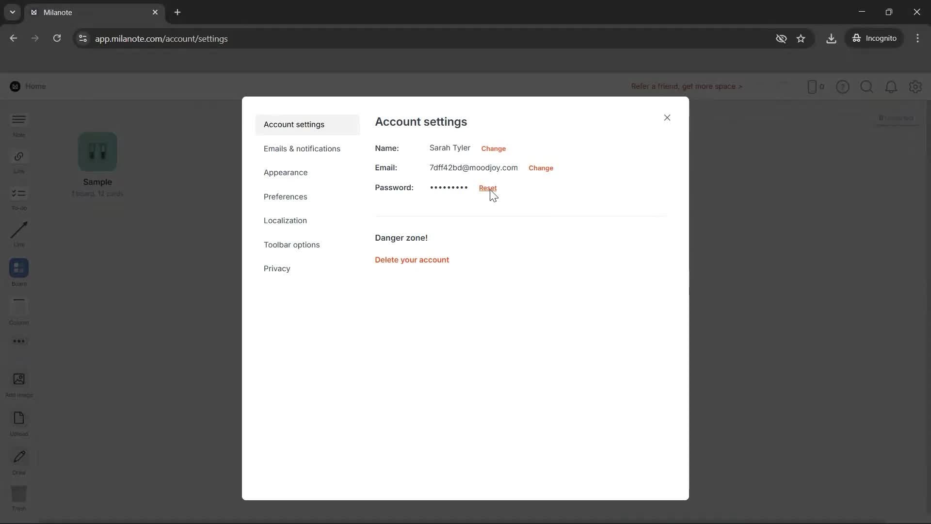 Changing password screenshot
